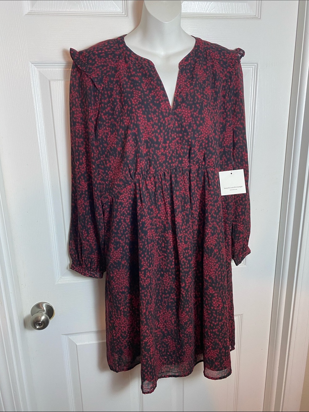beachlunchlounge Red and Black Long Sleeve Printed Babydoll Dress